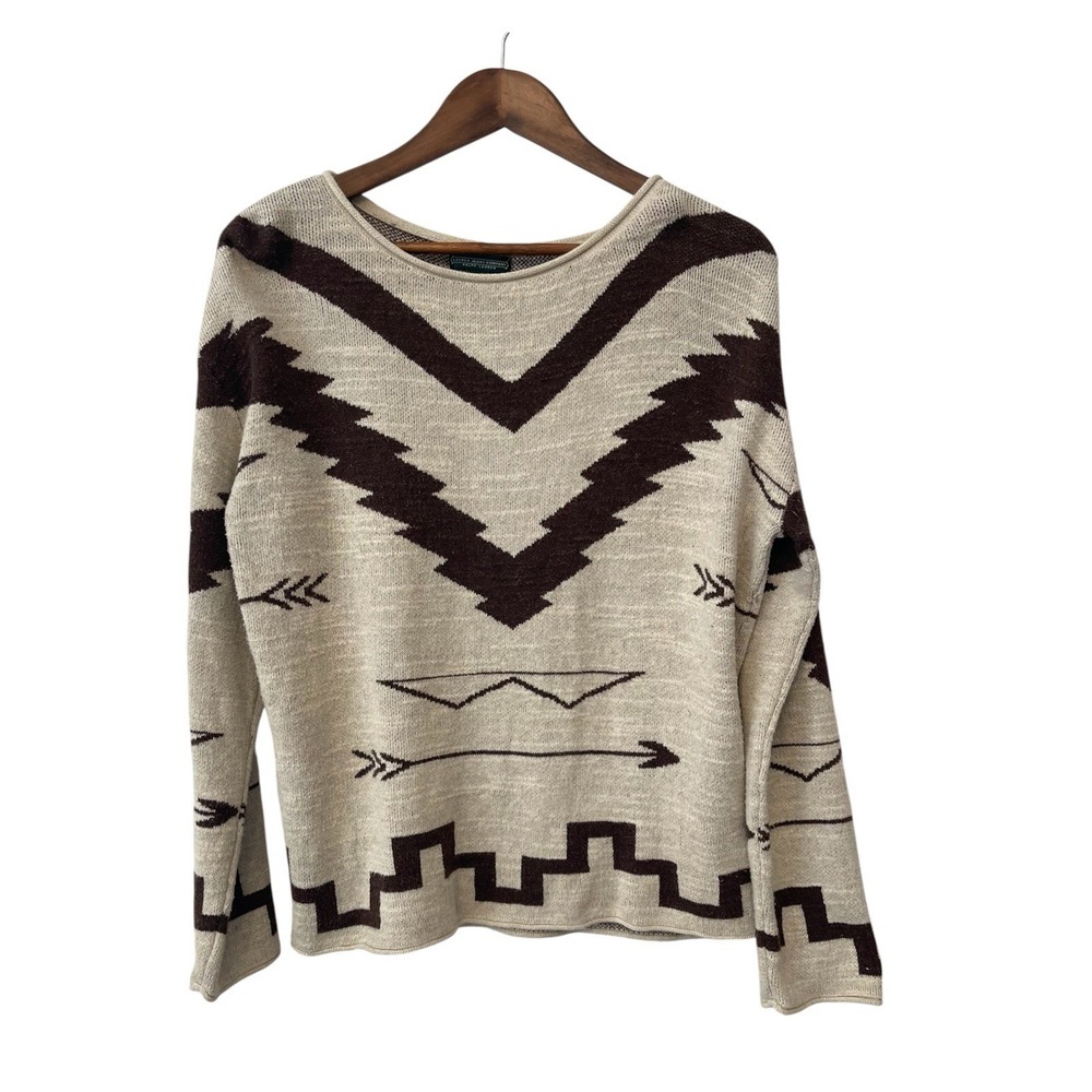 Womens Lauren Jeans Company Tan Sweater Aztec Tribal Southwest Print Size L
